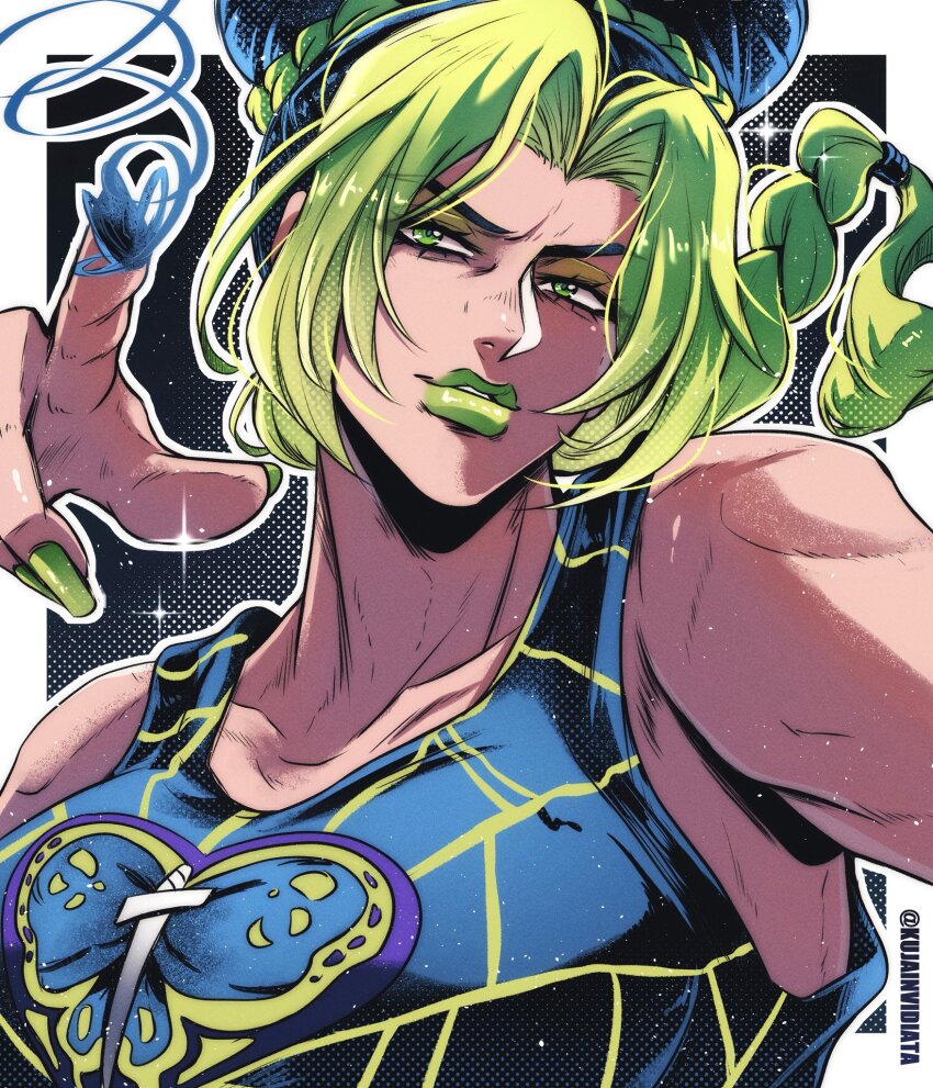 1girl animal_print blue_hair blue_tank_top braid breasts butterfly_print cappuris commentary double_bun english_commentary green_eyes green_hair green_lips green_nails hair_bun heart heart_print highres jojo_no_kimyou_na_bouken kuujou_jolyne looking_at_viewer medium_breasts multicolored_hair parted_bangs pointing pointing_at_viewer single_braid solo spider_web_print stand_(jojo) stone_ocean string sword_print tank_top two-tone_hair