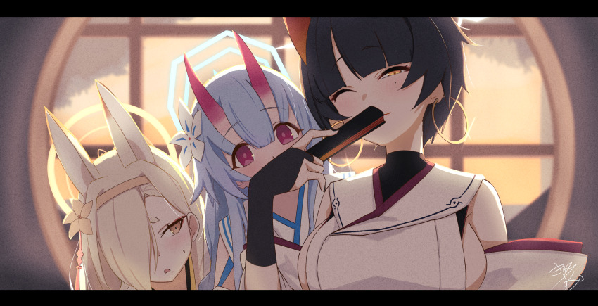 3girls absurdres animal_ears black_hair black_nails blonde_hair blue_archive blue_hair blue_halo breasts broken_horn chise_(blue_archive) earrings extra_ears fingernails flower folded_fan folding_fan fox_ears gradient_horns hair_flower hair_ornament hair_over_one_eye hairband halo hand_fan highres holding holding_fan hoop_earrings horns japanese_clothes jewelry kaho_(blue_archive) kimono kyurosuku large_breasts long_hair mole mole_under_eye multicolored_horns multiple_girls niya_(blue_archive) one_eye_closed oni orange_hairband orange_horns red_eyes red_horns short_eyebrows short_hair sideless_kimono thick_eyebrows upper_body white_halo white_kimono yellow_eyes yellow_hairband yellow_halo
