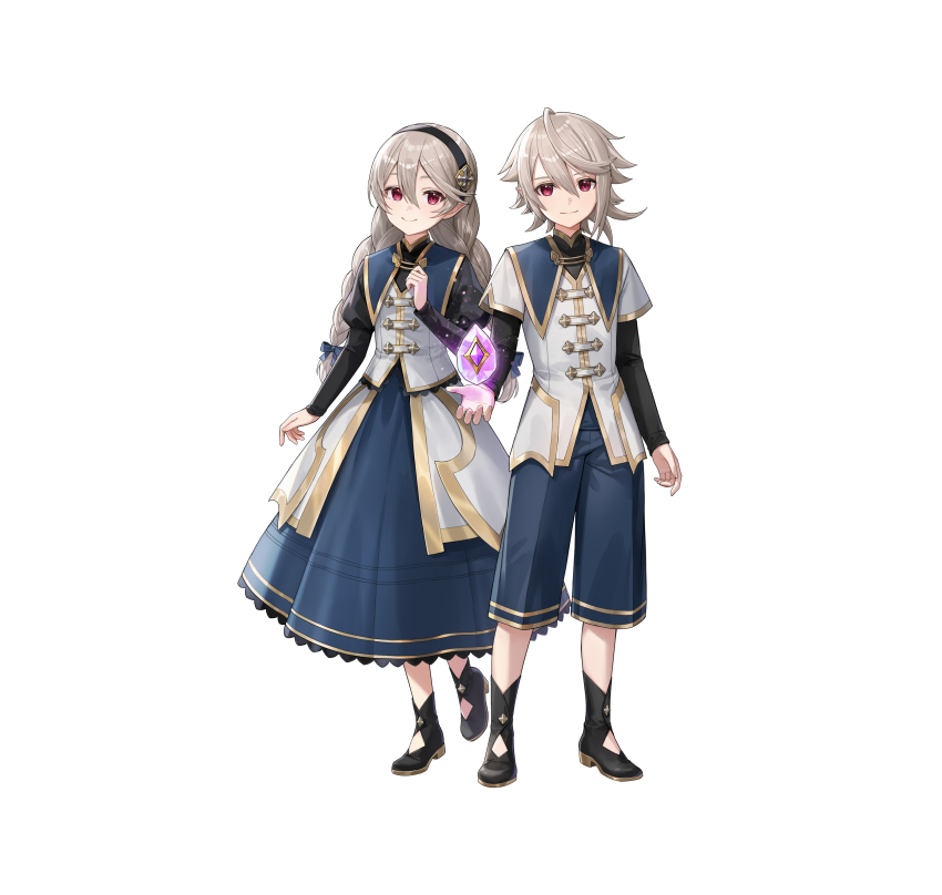 1boy 1girl absurdres black_hairband braided_twintails commentary corrin_(female)_(fire_emblem) corrin_(female)_(young_kinship)_(fire_emblem) corrin_(fire_emblem) corrin_(male)_(fire_emblem) corrin_(male)_(young_kinship)_(fire_emblem) dragonstone dual_persona english_commentary fire_emblem fire_emblem_fates fire_emblem_heroes grey_hair hairband highres looking_at_viewer matching_outfits mirror_twins nintendo official_art pointy_ears red_eyes siblings smile tachi-e transparent_background twins twintails