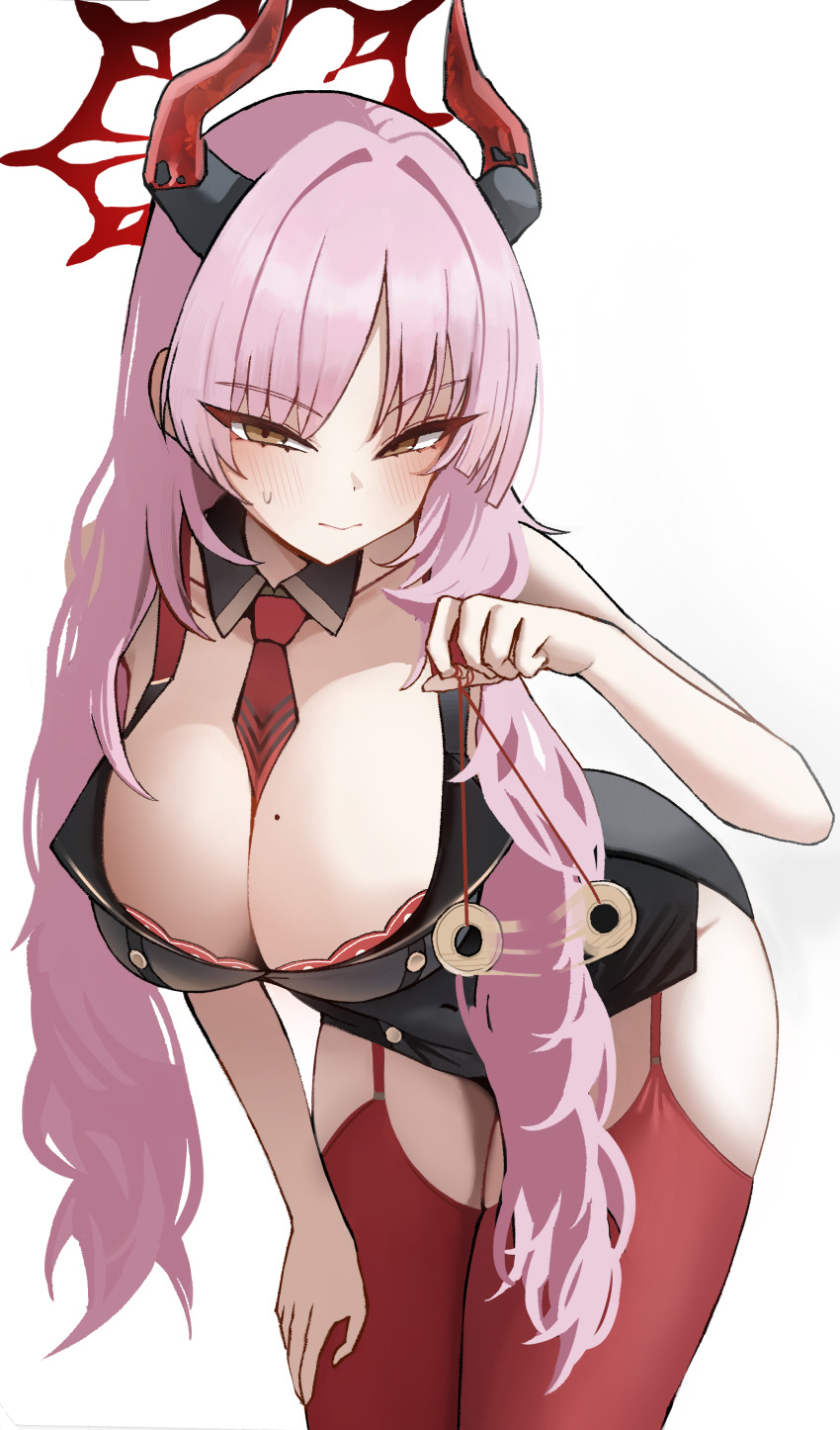 1girl absurdres arm_support bare_arms between_breasts blue_archive blush bra bra_peek breasts brown_eyes cameltoe cleavage coin coin_on_string collarbone cowboy_shot demon_girl demon_horns detached_collar dot_nose eyelashes fluffy_hair hair_over_shoulder halo highres holding holding_pendulum holed_coin horns hypnosis large_breasts leaning_forward long_hair mind_control mole mole_on_breast multicolored_horns necktie necktie_between_breasts pendulum pink_hair red_bra red_garter_straps red_halo red_necktie red_thighhighs rg1525 satsuki_(blue_archive) simple_background solo sweatdrop thighhighs thighs underwear wavy_hair white_background