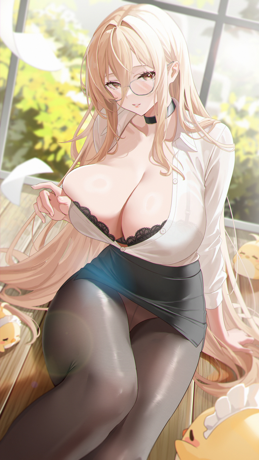 1girl absurdres amam_(64943468) azur_lane black_bra black_choker black_pantyhose black_skirt blonde_hair bra bra_peek bra_visible_through_clothes breasts choker cleavage collarbone glasses hair_between_eyes hair_intakes highres implacable_(azur_lane) implacable_(shepherd_of_the_&quot;lost&quot;)_(azur_lane) indoors long_hair long_hair_between_eyes looking_at_viewer maid_headdress manjuu_(azur_lane) office_lady official_alternate_costume panties panties_under_pantyhose pantyhose pantyshot partially_unbuttoned pencil_skirt see-through_clothes see-through_shirt shirt shirt_tucked_in sitting skindentation skirt solo underwear very_long_hair white_panties white_shirt window wooden_floor yellow_eyes