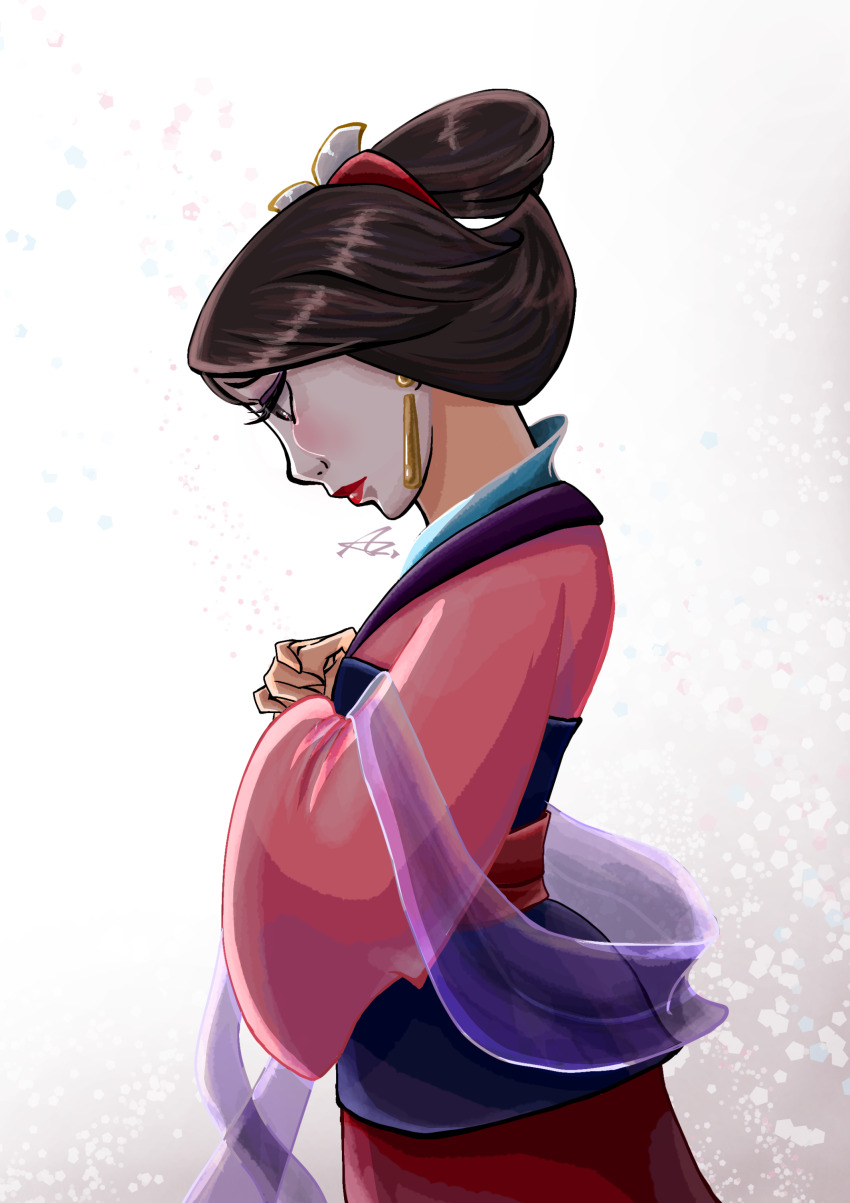 1girl absurdres azuma_lan black_hair brown_eyes chinese_clothes dress earrings fa_mulan_(disney) from_side hair_bun hair_ornament hanfu highres jewelry lips lipstick long_hair looking_down makeup mulan_(movie) own_hands_clasped own_hands_together pink_hanfu purple_shawl shawl signature simple_background solo waistband