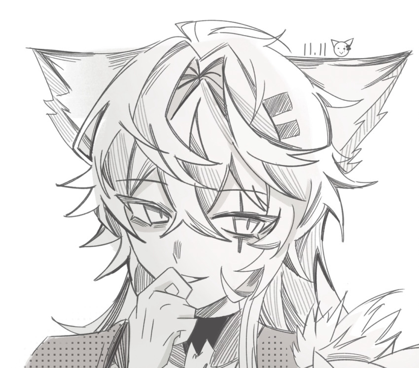 1girl animal_ears arknights chinese_commentary commentary_request covering_own_mouth greyscale hair_between_eyes hair_ornament hairclip hand_over_own_mouth hatching_(texture) lappland_(arknights) lappland_the_decadenza_(arknights) laughing linear_hatching long_hair monochrome scar scar_across_eye scar_on_face simple_background smile solo white_background wolf_ears wolf_girl yangguang_di_naotou