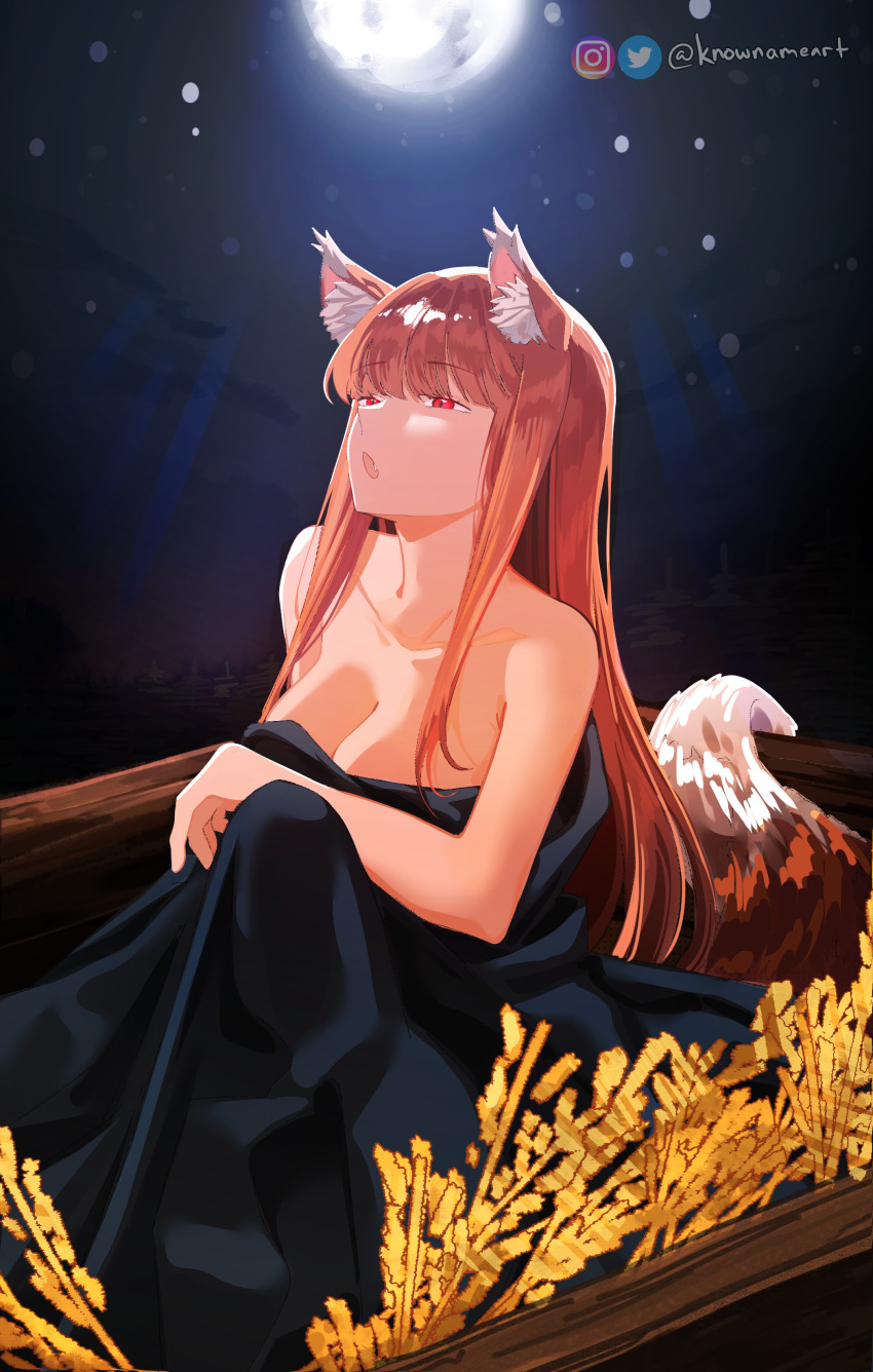 1girl absurdres animal_ear_fluff animal_ears artist_name bare_shoulders black_dress blunt_bangs breasts brown_hair cleavage dress fang full_moon highres holo knowname long_hair moon open_mouth red_eyes sidelocks sitting solo spice_and_wolf tail wheat wolf_ears wolf_girl wolf_tail