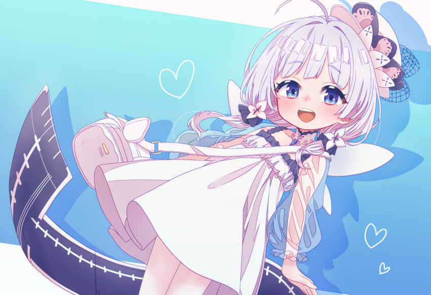 1girl arbiter1 azur_lane bag blue_eyes dress hat highres little_illustrious_(azur_lane) looking_at_viewer medium_dress medium_hair open_mouth see-through_clothes see-through_sleeves shoulder_bag solo teeth upper_teeth_only white_dress white_hair white_hat