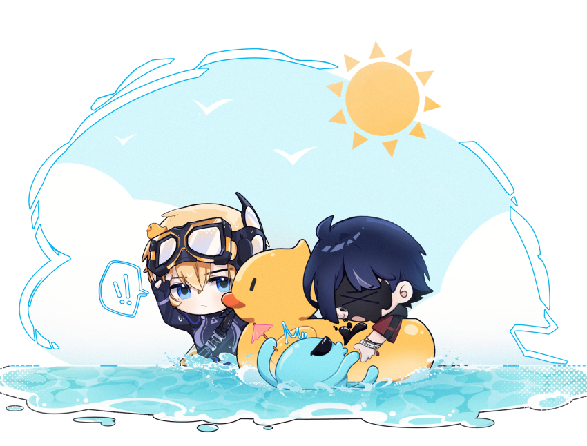 2boys bird chibi commandant_(pgr) diving_suit dochikun duck duck_floatie highres image_sample ink lee:_hyperreal_(diving_shadow)_(punishing:_gray_raven) lee:_hyperreal_(pgr) lee_(pgr) multiple_boys octopus official_alternate_costume pixiv_sample punishing:_gray_raven scuba_gear sun