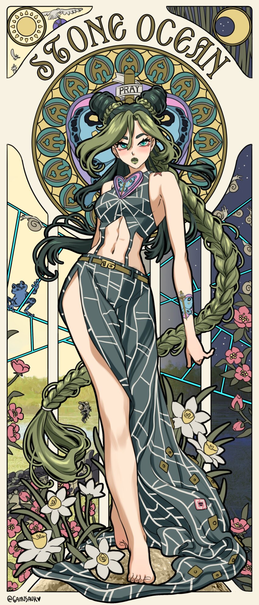 1girl absurdres arm_tattoo arrow_(jojo) art_nouveau bare_shoulders barefoot bird birthmark black_hair blue_eyes braid breasts bug butterfly day double_bun feathers fingernails flower foo_fighters_(stand) frog full_body gamusaur green_hair green_lips hair_bun highres insect joestar_birthmark jojo_no_kimyou_na_bouken kuujou_jolyne lake lipstick long_hair looking_at_viewer makeup moon multicolored_hair navel night plant savage_garden_(jojo) shoulder_tattoo sign sky snail solo spider_web_print stand_(jojo) star_(sky) star_(symbol) starry_sky stone_ocean sun sword tattoo two-tone_hair weapon