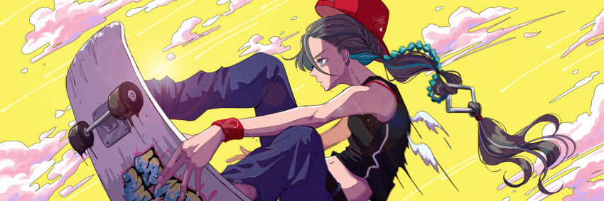 1girl backwards_hat baggy_pants chain cloud cloudy_sky ear_piercing earrings hair_flowing_over hair_ornament hat highres jewelry long_braid midair midriff mini_wings multicolored_hair original pants piercing ponytail skateboard sky sweatband tank_top wings yatsuki_natsumi