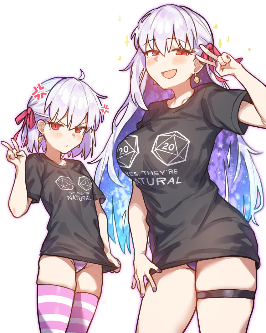 2girls absurdres anger_vein black_shirt blue_hair blush breasts colored_inner_hair earrings fate/grand_order fate_(series) hair_ribbon highres jewelry kama_(fate) large_breasts long_hair looking_at_viewer multicolored_hair multiple_girls open_mouth panties pink_panties pink_thighhighs purple_panties radishkek red_eyes ribbon shirt short_hair short_sleeves small_breasts smile sparkle striped_clothes striped_panties striped_thighhighs thigh_strap thighhighs thighs two-tone_hair underwear white_hair