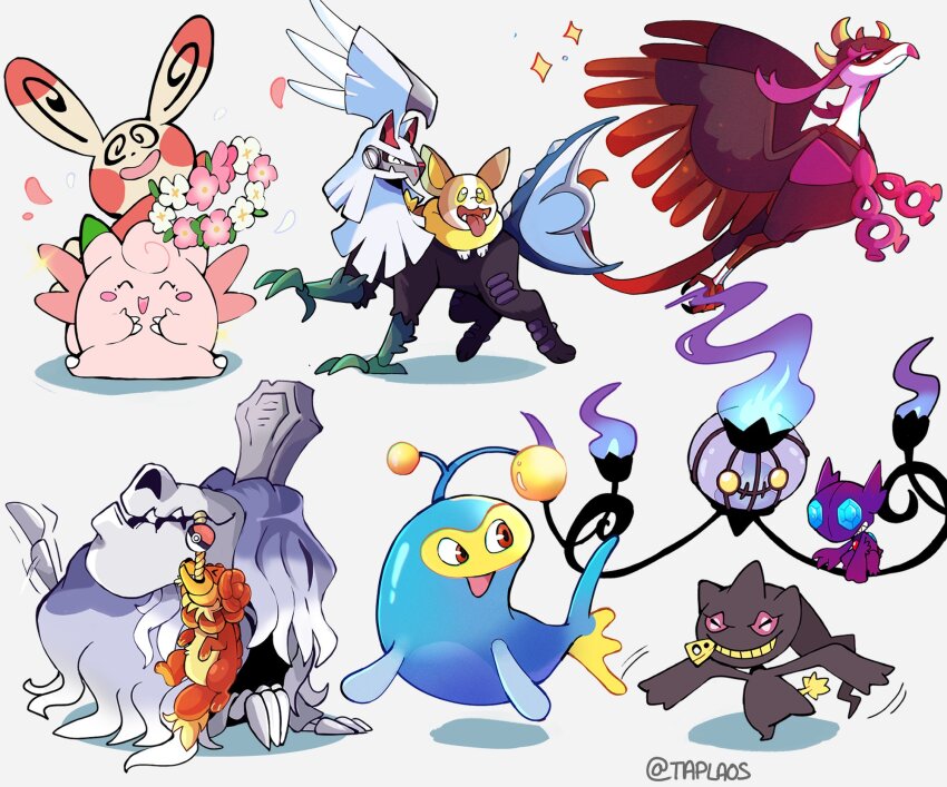 animal_focus antennae artist_name banette blue_skin chandelure clefable closed_eyes colored_skin commentary dachsbun dog fangs fezandipiti fire floating gen_1_pokemon gen_2_pokemon gen_3_pokemon gen_5_pokemon gen_7_pokemon gen_8_pokemon grey_fur grin head_wreath highres houndstone lanturn legendary_pokemon nintendo no_humans open_mouth pink_skin poke_ball pokemon pokemon_(creature) purple_fire red_eyes sableye silvally simple_background sitting skin_fangs smile spinda tail taplaos teeth tombstone tongue tongue_out twitter_username white_background wings yamper yellow_eyes