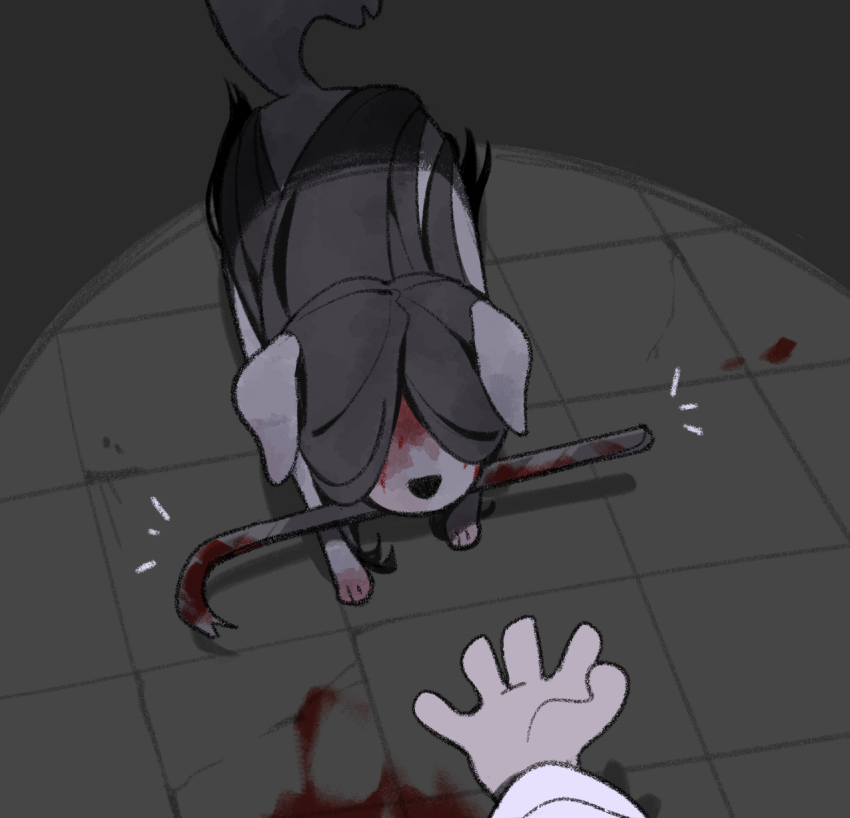 1girl animal animalization black_hair blood blood_on_face blood_on_ground chlorenw commentary crowbar dog heroine_(homicipher) highres holding holding_crowbar homicipher indoors long_hair mr._crawling pov solo tile_floor tiles very_long_hair