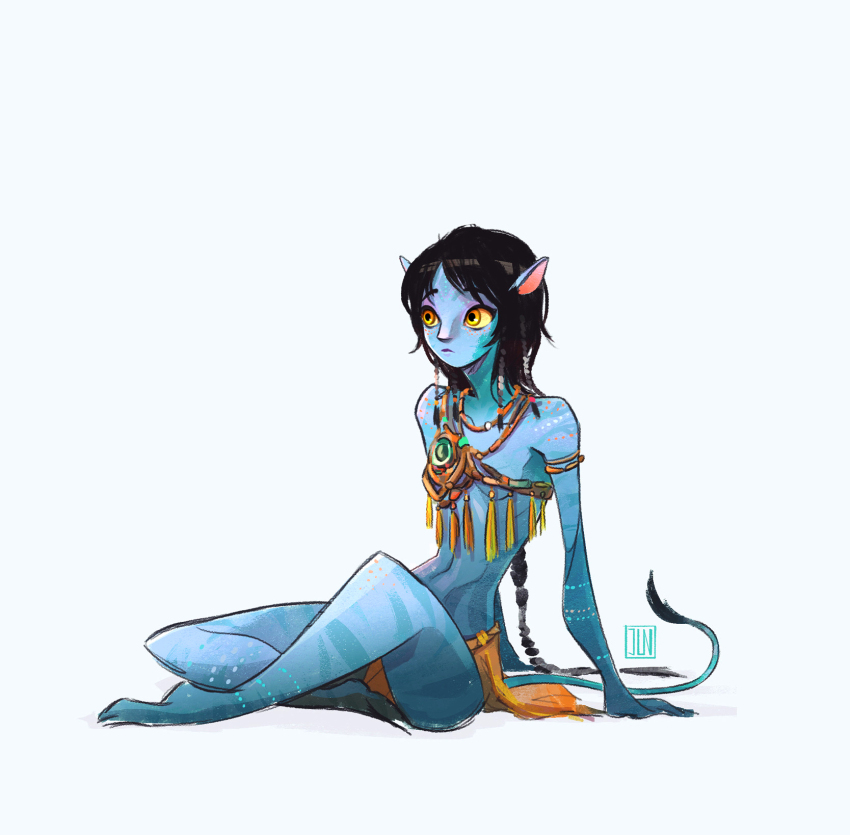 1girl alien animal_ears animal_nose animification armlet avatar:_the_way_of_water barefoot black_hair blue_skin blue_tail body_markings cat_ears colored_sclera colored_skin flat_chest highres james_cameron&#039;s_avatar james_cameron&#039;s_avatar jewelry jun_chiu kiri_(avatar) long_tail medium_hair na&#039;vi narrow_waist navel necklace pelvic_curtain short_hair sitting solo tail tribal white_background yellow_eyes yellow_sclera