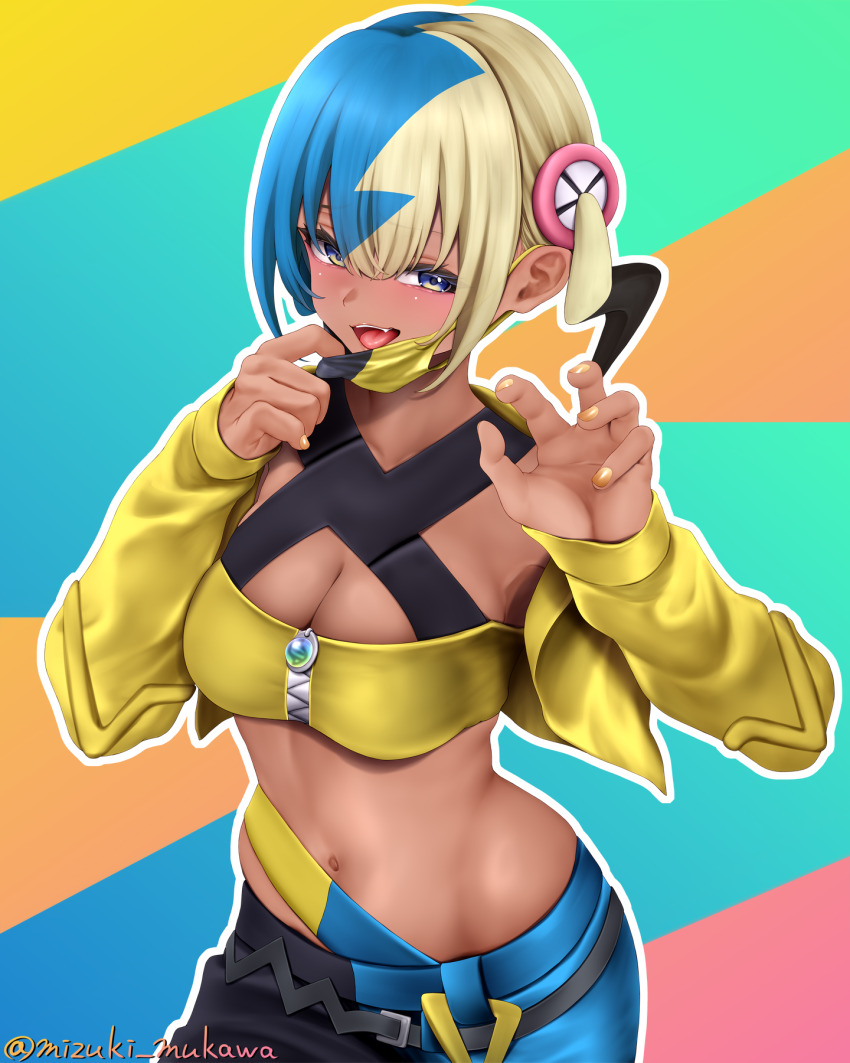 1girl bandeau blonde_hair blue_eyes blue_hair breasts canari_(pokemon) cleavage cropped_jacket dark-skinned_female dark_skin hands_up highres jacket mask mask_pull medium_breasts midriff mouth_mask mukawa_mizuki multicolored_hair navel nintendo pants pokemon pokemon_legends:_z-a solo split-color_hair stomach twintails two-tone_pants yellow_bandeau yellow_jacket yellow_nails