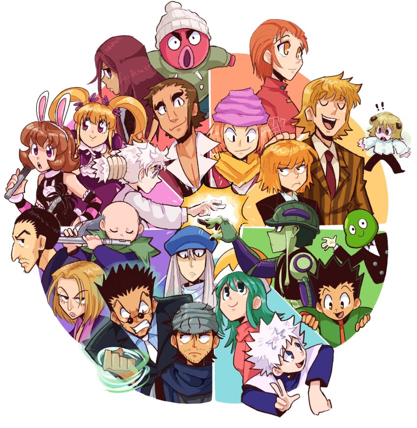 ! !! 6+boys 6+girls :&gt; :o angry aquiline_nose arthropod_boy aura averting_eyes bald bald_female bean_(hunter_x_hunter) biscuit_krueger black_hair blue_eyes closed_eyes color_coordination color_wheel color_wheel_challenge facial_hair flying formal_clothes ging_freecss gon_freecss headpat highres holding holding_microphone hunter_x_hunter ikalgo instrument jitome killua_zoldyck kite_(chimera_ant) kite_(hunter_x_hunter) komugi_(hunter_x_hunter) kurapika leorio_paladiknight long_hair looking_ahead meruem microphone mini_person miniboy mito_freecss monster_boy multiple_boys multiple_drawing_challenge multiple_girls music mustache_stubble nen_(hunter_x_hunter) nobunaga_hazama nose octopus_boy open_mouth orange_hair outstretched_arm pakunoda pariston_hill piyon_(hunter_x_hunter) playing_flute playing_instrument pokkle ponzu rainbow_order round_eyewear senritsu shaiapouf short_bangs short_hair smile sparse_stubble striped_suit stubble suit thick_eyebrows tiredhomeboi toon_(style) twintails u_u waving zepile