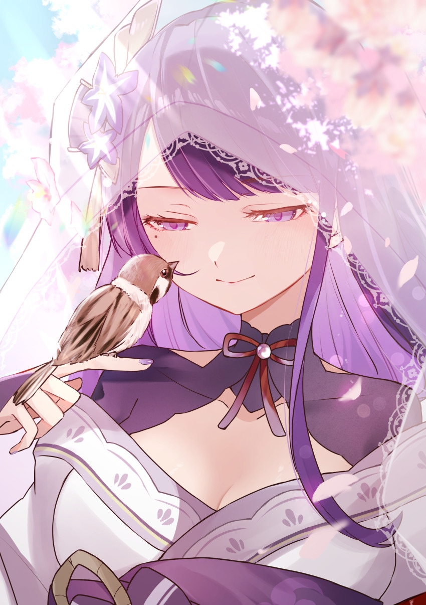 1girl absurdres bird bird_on_hand breasts cleavage commentary_request dappled_sunlight draw_happy_set eurasian_tree_sparrow falling_petals finch flower genshin_impact hair_flower hair_ornament half-closed_eyes hand_up highres japanese_clothes kimono lace-trimmed_veil lace_trim large_breasts light_rays light_smile long_hair looking_at_animal mole mole_under_eye neck_ribbon petals pink_petals purple_eyes purple_flower purple_hair purple_kimono purple_nails raiden_shogun ribbon solo sparrow sunlight upper_body veil