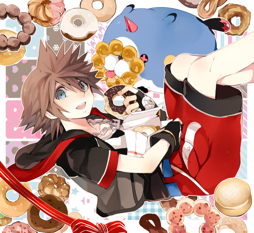 1boy :d belt black_gloves black_jacket blue_belt brown_hair chain chain_necklace commentary_request crown_necklace donut dream_eater_(kingdom_hearts) eating fingerless_gloves floating food gloves grey_eyes holding holding_donut holding_food hood hood_down hooded_jacket jacket jewelry kingdom_hearts kingdom_hearts_iii looking_at_viewer looking_to_the_side macaron necklace open_mouth red_shorts sharp_teeth short_hair shorts smile solo sora_(kingdom_hearts) teeth umidesuyo upper_teeth_only wondernyan_(kingdom_hearts)