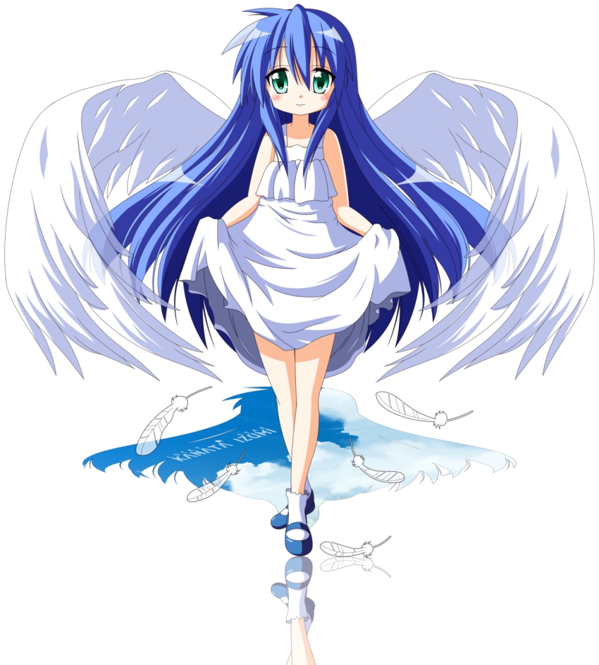 00s 1girl angel blue_hair blush clothes_lift dress dress_lift feathers female_focus green_eyes highres izumi_kanata long_hair lucky_star rindou_(awoshakushi) skirt_hold socks solo very_long_hair wings