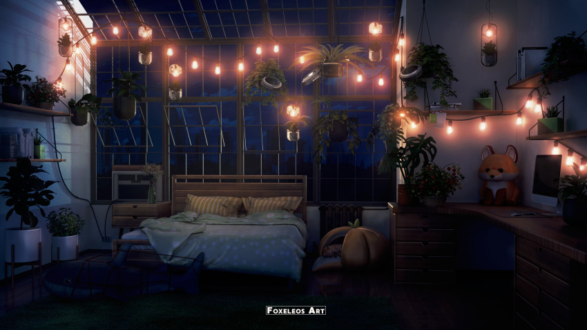3d absurdres bed blanket blender_(medium) building cable carpet cat commentary desk electrical_outlet english_commentary foxeleos highres indoors computer_keyboard light_bulb monitor computer_mouse mousepad_(object) night night_sky no_humans open_window original photoshop_(medium) pillow plant radiator scenery sky string stuffed_animal stuffed_toy wall watermark window wooden_floor
