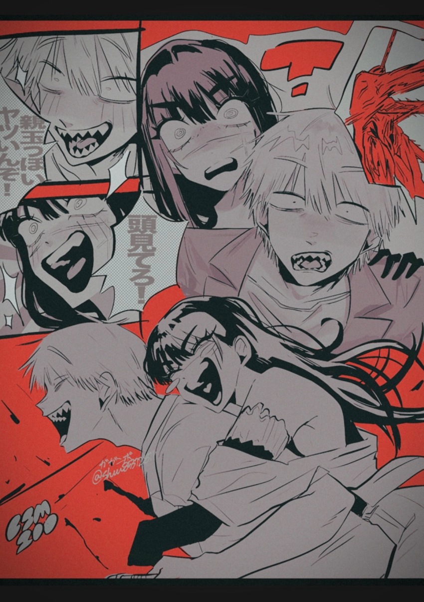 1boy 1girl blush_stickers chainsaw_man denji_(chainsaw_man) elbow_gloves facial_scar fake_chainsaw_man gaganbo_(shuuu85372871) gloves greyscale_with_colored_background highres hug hug_from_behind long_hair open_mouth red_background scar scar_on_cheek scar_on_face scar_on_nose sharp_teeth shirt short_hair teeth transparent_background yoru_(chainsaw_man)