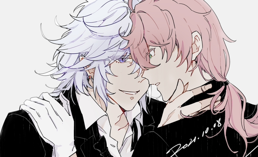 2boys ahoge alternate_costume black_jacket chinese_commentary collared_shirt colored_eyelashes commentary_request dated earrings eye_contact fate/grand_order fate_(series) forehead-to-forehead gloves green_eyes grin hair_between_eyes hand_on_another&#039;s_neck hand_on_another&#039;s_shoulder heads_together jacket jewelry long_hair looking_at_another low_ponytail male_focus merlin_(fate) multiple_boys open_collar parted_lips pink_hair pointy_ears ponytail purple_eyes purple_hair romani_archaman ruoyin shirt simple_background slit_pupils smile upper_body white_background white_gloves white_shirt wing_collar yaoi