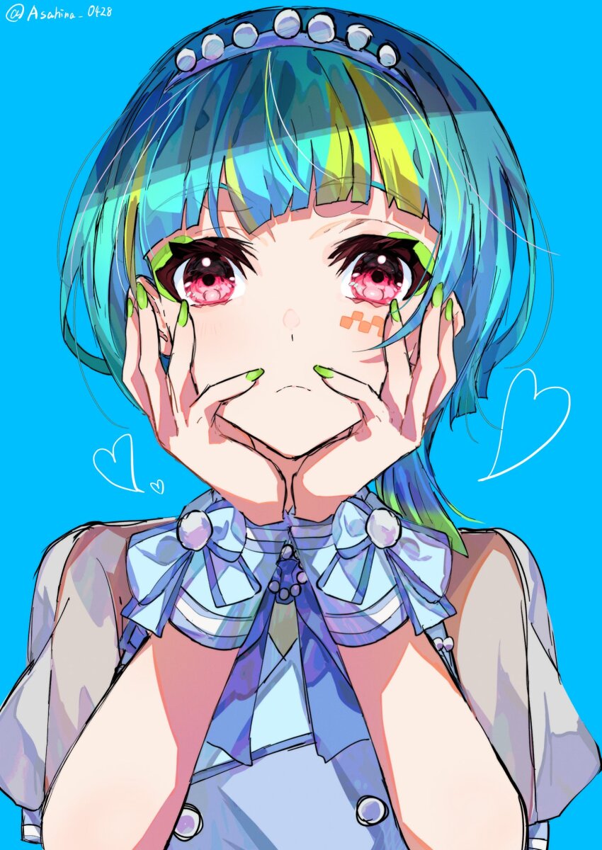 1girl asahina_(asahina_0428) blue_background blue_hair blunt_bangs closed_mouth commentary_request eyeshadow facial_mark green_eyeshadow green_hair hands_on_own_face hands_up highres looking_at_viewer makeup mika_pikazo_(style) multicolored_hair omega_auru omega_auru_(primagista) pretty_series puffy_short_sleeves puffy_sleeves red_eyes short_hair short_sleeves simple_background solo streaked_hair twitter_username upper_body waccha_primagi!
