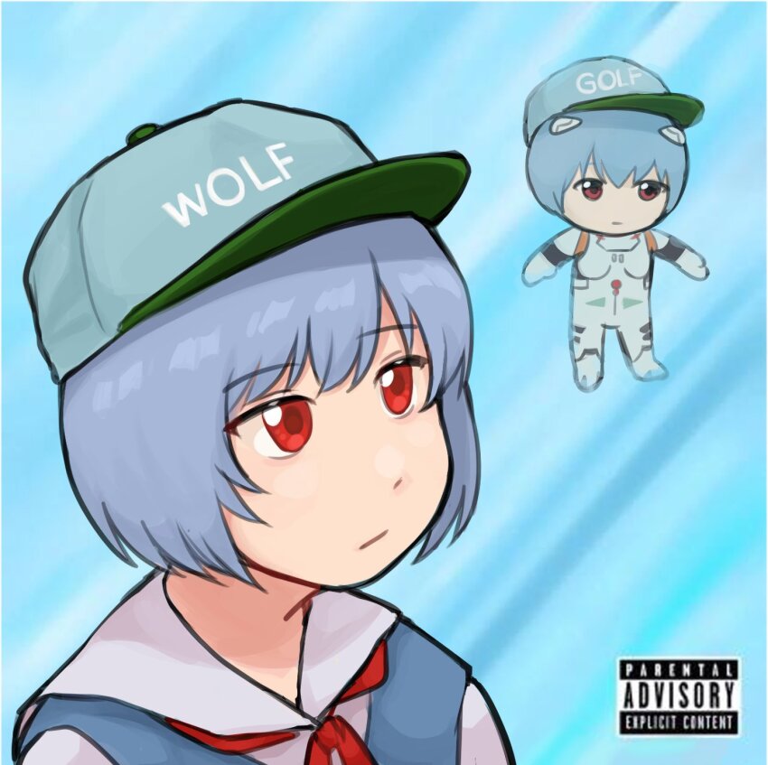 1girl album_cover_redraw ayanami_rei baseball_cap blue_background blue_hair blue_hat character_doll commentary derivative_work doll english_commentary expressionless gradient_background hat highres looking_to_the_side mecha_pilot_suit neck_ribbon neon_genesis_evangelion nvi2762 parental_advisory plugsuit_(evangelion) portrait red_eyes red_ribbon ribbon sailor_collar school_uniform short_hair solo tokyo-3_middle_school_uniform tyler_the_creator white_sailor_collar