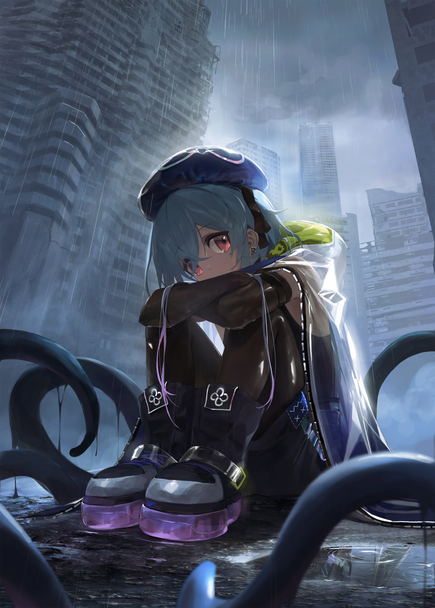 1boy absurdres androgynous arknights blue_hair building cloud cloudy_sky earrings full_body highres hugging_own_legs jewelry knees_up long_hair looking_at_viewer male_focus mizuki_(arknights) mo_ne night night_sky on_ground outdoors overcast pantyhose pantyhose_under_shorts pink_eyes puddle rain ripples shorts sitting sky skyscraper tentacles