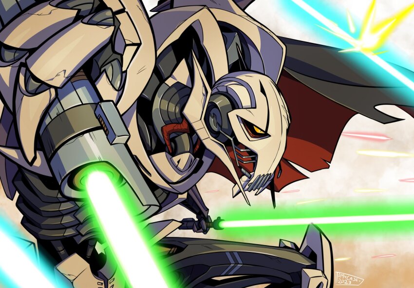 1boy 2023 alien artist_name black_cape cape colored_sclera cyborg energy_sword foreshortening general_grievous highres holding holding_sword holding_weapon hunched_over laser lightsaber looking_ahead male_focus quadruple_wielding science_fiction solo star_wars sword tomycase weapon yellow_sclera