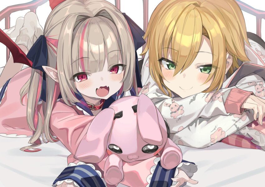 1boy 1girl blanket blonde_hair blunt_bangs brown_hair closed_mouth colored_inner_hair crossed_ankles fangs fuubuu green_eyes hair_between_eyes hair_intakes highres holding holding_stuffed_toy jacket long_hair looking_at_viewer lying makaino_ririmu makaino_ririmu_(4th_costume) multicolored_hair nijisanji no_shoes on_bed on_stomach open_mouth pajamas pink_eyes pink_hair pink_jacket pointy_ears school_uniform serafuku short_hair skin_fangs sleeves_past_wrists smile socks streaked_hair stuffed_animal stuffed_rabbit stuffed_toy two_side_up uzuki_kou virtual_youtuber white_socks