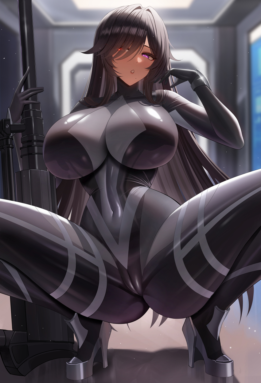 1girl absurdres black_bodysuit black_hair blush bodysuit breasts cameltoe commentary_request covered_navel dark-skinned_female dark_skin gun hair_over_one_eye heterochromia high_heels highres large_breasts long_hair looking_at_viewer md5_mismatch purple_eyes red_eyes rifle sniper_rifle solo spread_legs tatakau_ni_atai_suru ultra-13 weapon zara_moussa