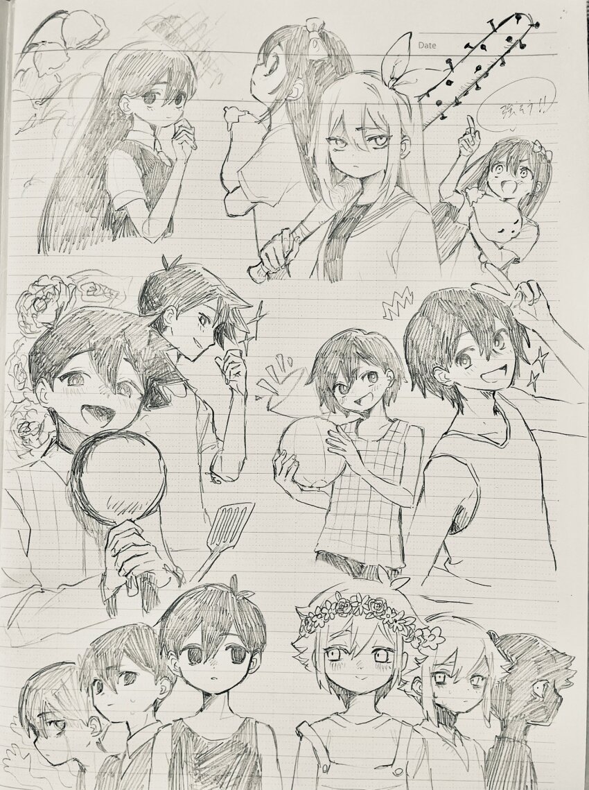 4boys 6+girls 8_31sammer antenna_hair aubrey_(faraway)_(omori) aubrey_(headspace)_(omori) aubrey_(omori) ball baseball_bat basil_(faraway)_(omori) basil_(headspace)_(omori) basil_(omori) bow closed_mouth collarbone collared_shirt flower frying_pan greyscale grin hair_bow hair_flower hair_ornament hairband head_wreath hero_(faraway)_(omori) hero_(headspace)_(omori) hero_(omori) highres holding holding_ball holding_baseball_bat holding_frying_pan holding_stuffed_toy jacket kel_(faraway)_(omori) kel_(headspace)_(omori) kel_(omori) lily_of_the_valley long_hair long_shirt long_sleeves looking_at_another looking_at_viewer mari_(faraway)_(omori) mari_(headspace)_(omori) mari_(omori) monochrome mr._plantegg_(omori) multiple_boys multiple_girls nail_(hardware) nail_bat neckerchief omori omori_(omori) open_mouth overalls pajamas rose shattered_omori_(omori) shirt short_hair short_sleeves smile sparkle spatula speech_bubble stranger_(omori) stuffed_eggplant stuffed_toy sunny_(omori) sweater_vest t-shirt tank_top traditional_media translation_request v