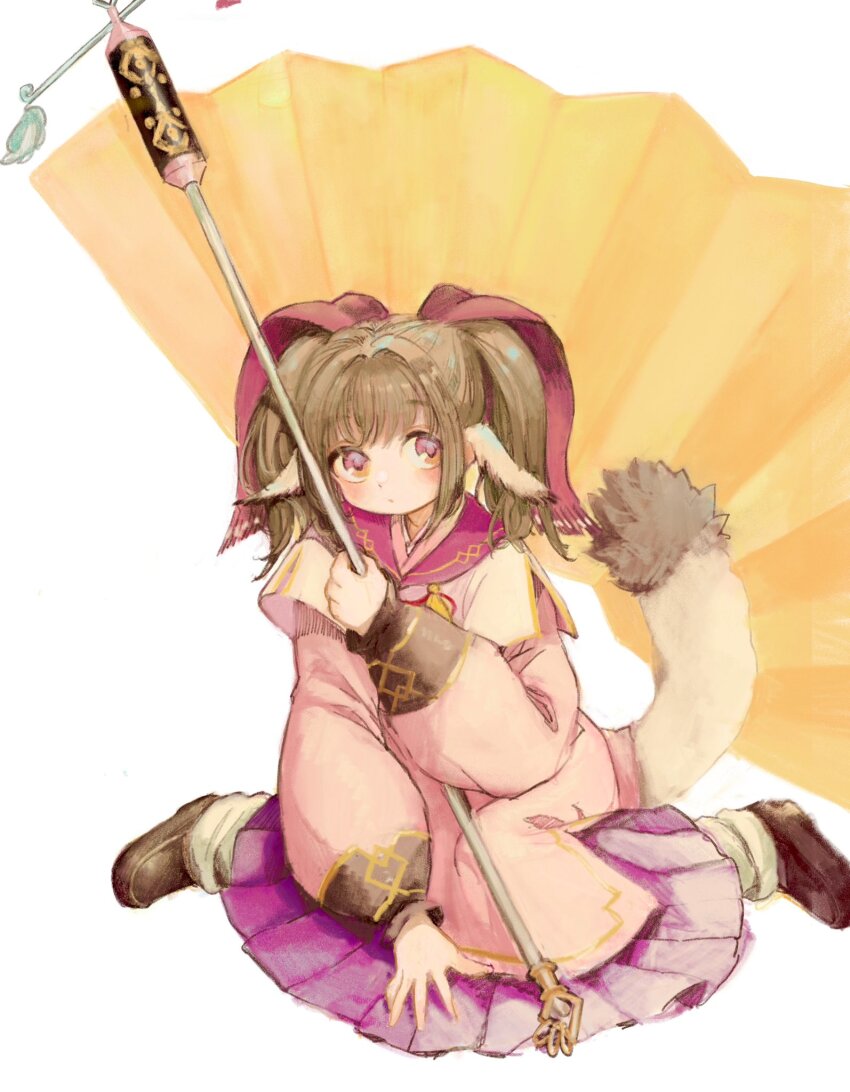1girl animal_ears blush brown_hair canariadraw closed_mouth dress full_body highres holding holding_staff long_sleeves nekone_(utawarerumono) pink_dress purple_skirt ribbon shoes simple_background sitting skirt solo staff tail twintails utawarerumono utawarerumono:_itsuwari_no_kamen wariza white_background