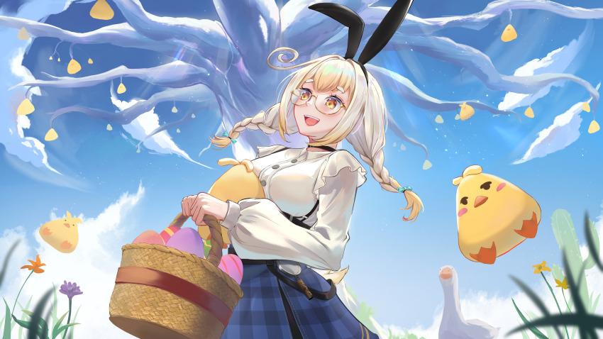 1girl absurdres animal_ear_hairband animal_ears aqua_bow basket bird blonde_hair blue_skirt bow braid breasts buttons colored_tips easter_egg egg fake_animal_ears flower glasses goose hair_bow hairband highres holding holding_basket indie_virtual_youtuber kanna_yanagi long_sleeves magnifying_glass multicolored_hair n4teart open_mouth orange_flower plaid_clothes plaid_skirt purple_flower rabbit_ear_hairband rabbit_ears shirt skirt smile solo tree twin_braids virtual_youtuber white_hair white_shirt yellow_eyes yellow_flower