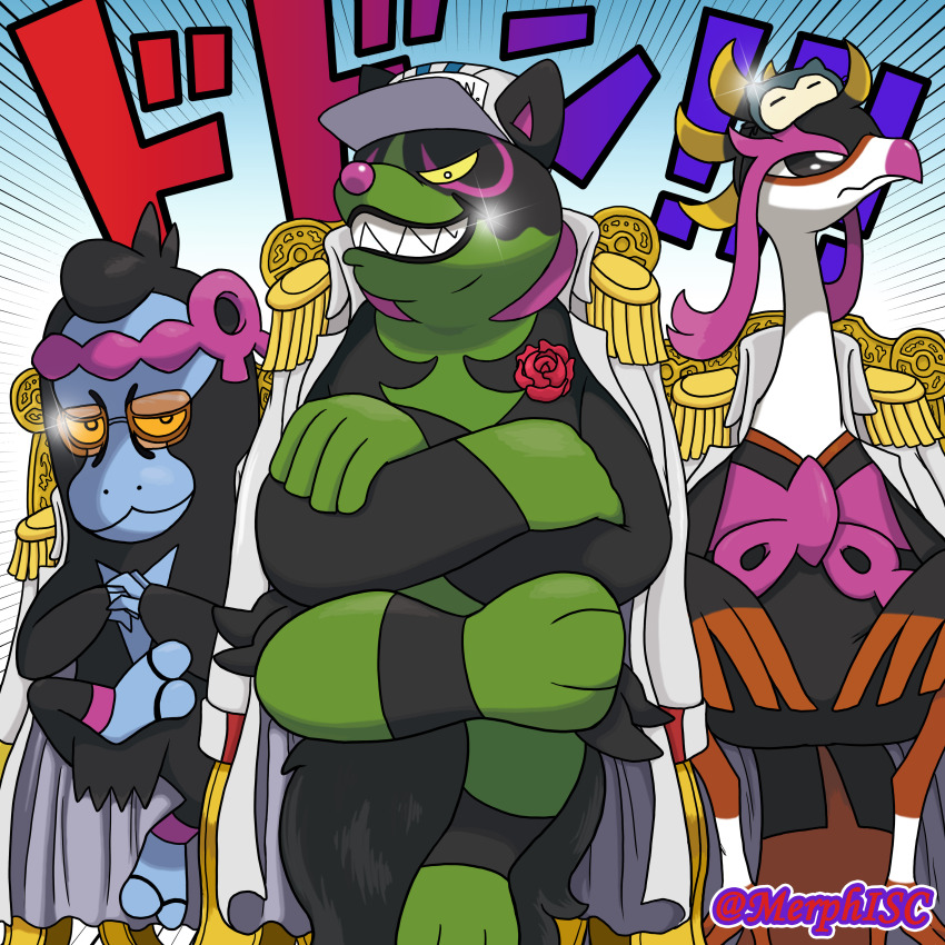 3boys :3 absurdres borsalino_(kizaru) borsalino_(kizaru)_(cosplay) cosplay crossed_arms emphasis_lines fezandipiti grin hat highres isc kuzan_(aokiji) kuzan_(aokiji)_(cosplay) military_uniform multiple_boys munkidori nintendo okidogi one_piece parody poke_ball pokemon pokemon_(creature) sakazuki_(akainu) sharp_teeth sitting smile sunglasses teeth trait_connection