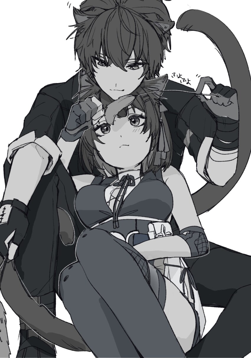 1boy 1girl animal_ear_fluff animal_ears cat_boy cat_ears cat_girl cat_tail cat_teaser commentary dual_persona elbow_pads facing_viewer female_rover_(wuthering_waves) gloves greyscale highres holding_cat_teaser jacket kemonomimi_mode leaning_on_person male_rover_(wuthering_waves) monochrome nekomu_10 pants partially_fingerless_gloves rover_(wuthering_waves) tail thighhighs wuthering_waves