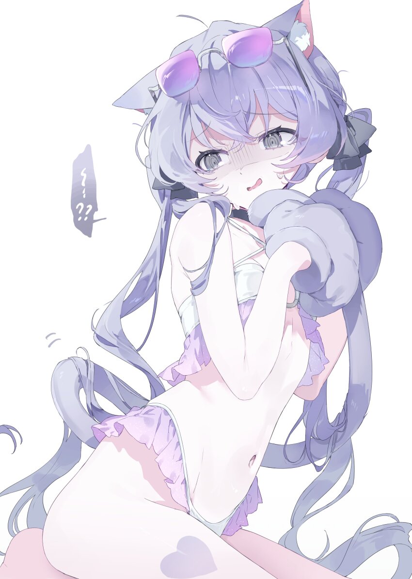 1girl ? ?? @_@ absurdres animal_ear_fluff animal_ears animal_hands bikini black_choker cat_ears cat_girl cat_tail choker eyewear_on_head frilled_bikini frills gloves grey_eyes highres long_hair meunhongcha multicolored_bikini navel original paw_gloves purple-tinted_eyewear purple_bikini purple_gloves purple_hair shaded_face simple_background solo speech_bubble spoken_question_mark sweatdrop swimsuit tail tinted_eyewear twintails two-tone_bikini white_background white_bikini