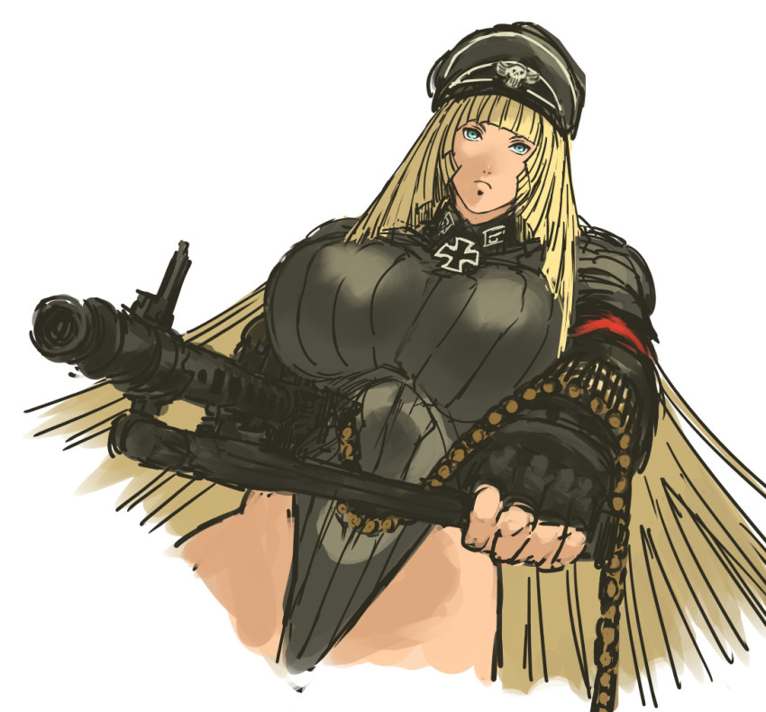 1girl armband black_hat blonde_hair blue_eyes breasts collared_jacket cross female_focus gun hat heavy_machine_gun highleg highleg_leotard huge_breasts iron_cross jacket leotard long_hair machine_gun military military_uniform nameo_(judgemasterkou) nazi ojou_(nameo) original peaked_cap red_armband serious solo very_long_hair weapon