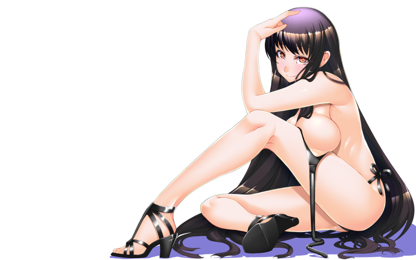 1girl armpits atlach-nacha bare_arms bare_legs bare_shoulders bikini black_hair blush breast_press breasts doomblade eyebrows feet female_focus full_body high_heels highres hirasaka_hatsune large_breasts legs long_hair looking_at_viewer red_eyes shadow simple_background sitting smile solo swimsuit thighs toes white_background
