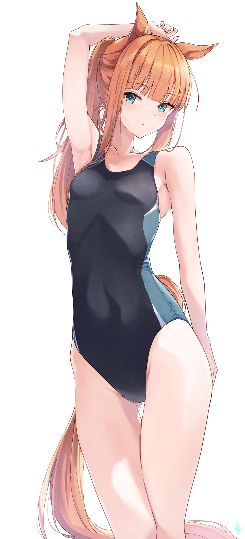 1girl absurdres animal_ears aqua_eyes arm_up armpits black_one-piece_swimsuit blunt_bangs breasts closed_mouth commentary_request competition_swimsuit highres horse_ears horse_girl horse_tail long_hair one-piece_swimsuit orange_hair pandoa_(mikage0495) silence_suzuka_(umamusume) simple_background small_breasts solo standing swimsuit tail umamusume white_background