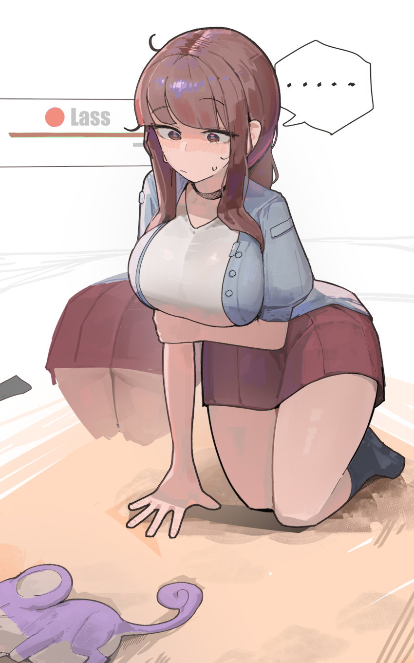 1girl azz0422 black_choker black_socks blush breasts brown_eyes brown_hair choker closed_mouth gen_1_pokemon highres jacket large_breasts lass_(pokemon) lass_(pokemon_oras) nintendo pleated_skirt pokemon pokemon_(creature) pokemon_oras rattata shirt skirt socks solo twintails white_shirt