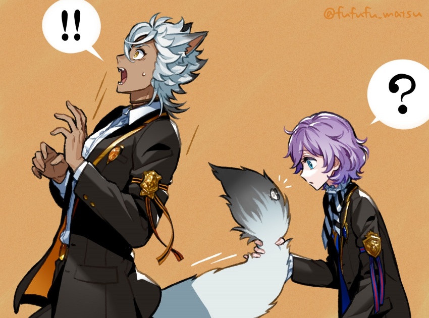 2boys animal_ears blue_eyes commentary_request dark-skinned_male dark_skin epel_felmier fangs funuyu grabbing_another&#039;s_tail highres jack_howl looking_to_the_side male_focus multiple_boys night_raven_college_uniform orange_background purple_hair school_uniform short_hair simple_background tail tail_grab twisted_wonderland white_hair wolf_boy wolf_ears wolf_tail yellow_eyes