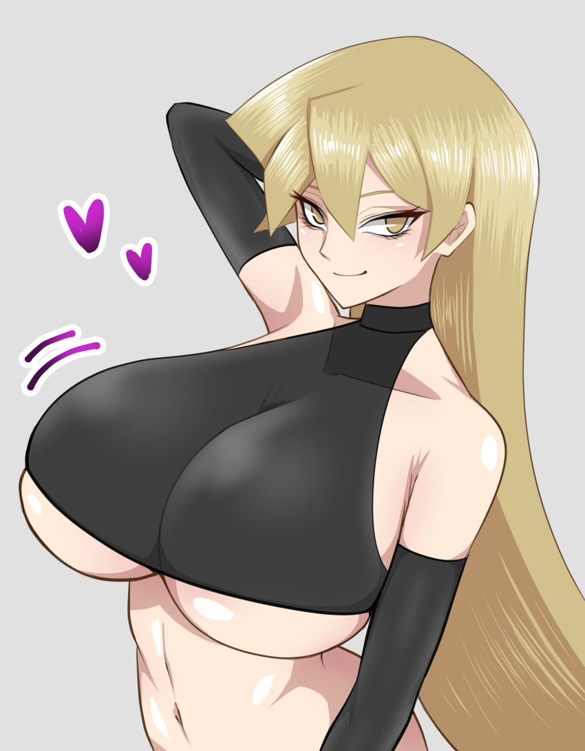 1girl absurdres ageage_893 arm_behind_head bare_shoulders blonde_hair breasts grey_background hair_between_eyes heart highres huge_breasts long_hair looking_at_viewer navel shadow simple_background smile solo tenjouin_asuka underboob upper_body yellow_eyes yu-gi-oh! yu-gi-oh!_gx