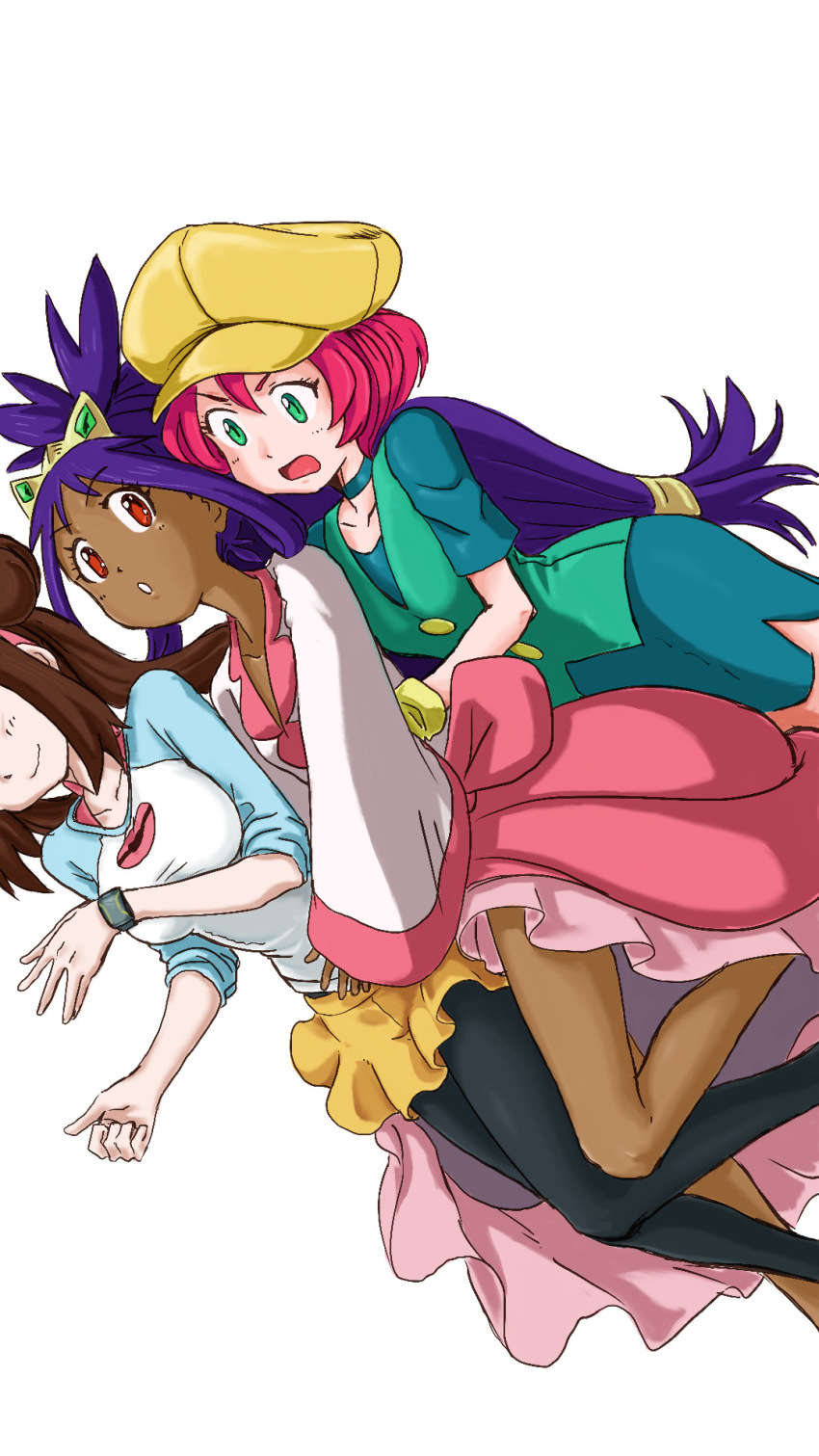 3girls black_pantyhose breasts brown_hair buttons closed_mouth commentary_request creatures_(company) dark-skinned_female dark_skin eyelashes game_freak georgia_(pokemon) green_eyes green_vest hair_rings hat highres hug hug_from_behind iris_(pokemon) leg_up long_hair long_sleeves looking_at_viewer low-tied_long_hair multiple_girls nintendo open_mouth pantyhose pink_hair pink_skirt pokemon pokemon_(anime) pokemon_bw2 pokemon_bw_(anime) raglan_sleeves rosa_(pokemon) shirt short_sleeves shorts simple_background skirt smile teeth tiara u4_99384295 v-neck vest white_background yellow_hat yellow_shorts