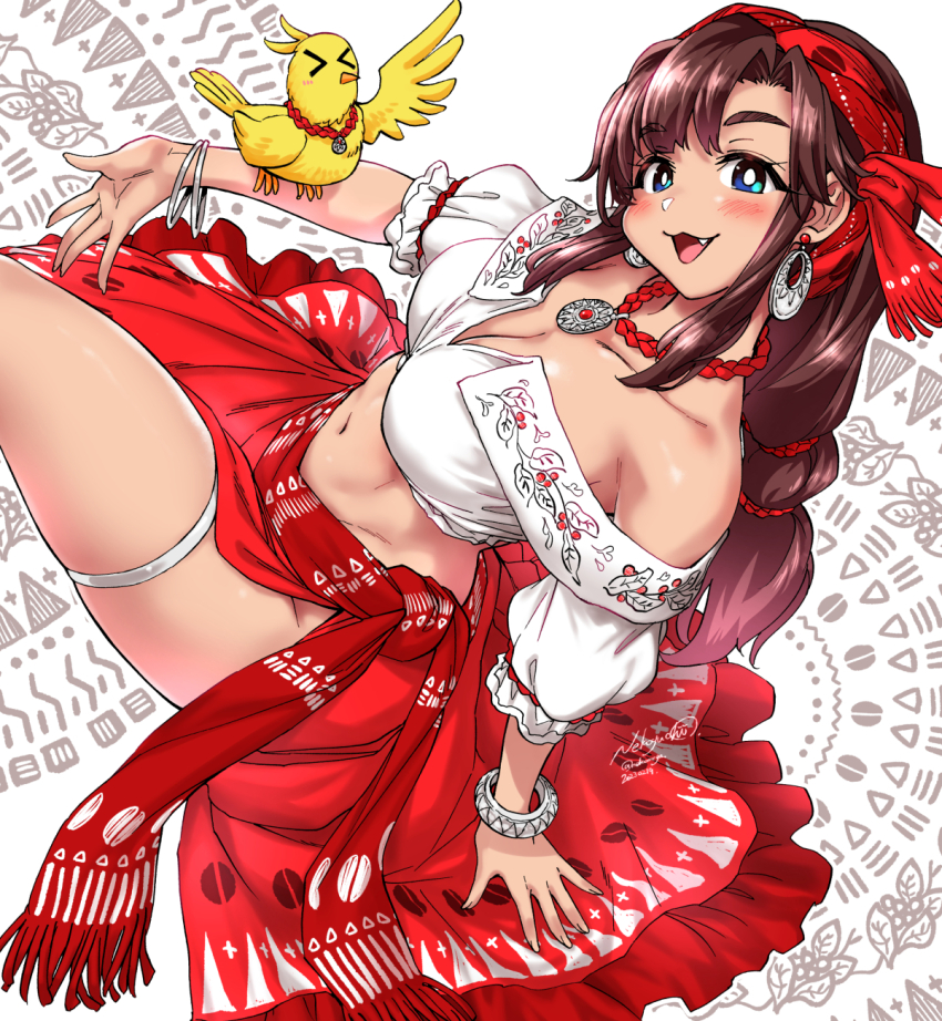 &gt;_&lt; 1girl arm_support bird blue_eyes blush bracelet braid breasts brown_hair cleavage collarbone crop_top dated earrings fang fingernails gypsy headband highres hoop_earrings jewelry large_breasts long_fingernails looking_at_viewer navel necklace nekoguchi open_mouth original puffy_short_sleeves puffy_sleeves red_headband red_skirt shirt short_sleeves signature skirt smile solo stomach thick_thighs thighs white_background white_shirt