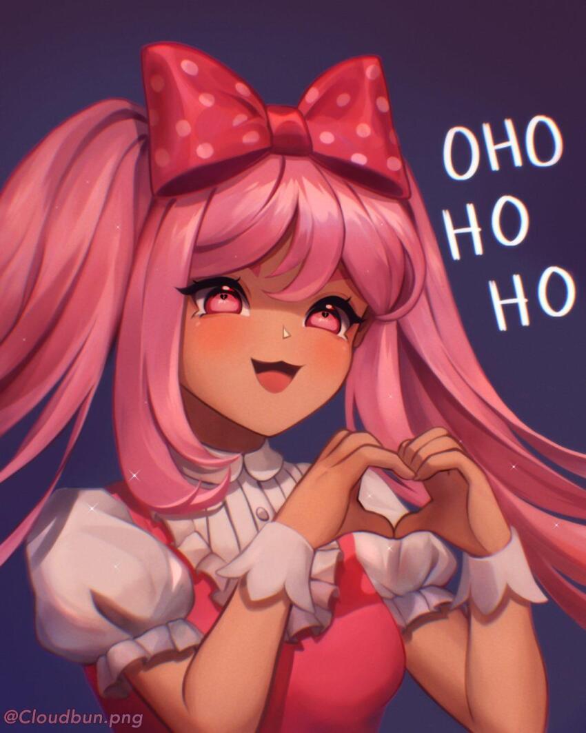 1girl :3 :d bow broken_heart buttons chromatic_aberration cloudbunp collared_shirt commentary dark-skinned_female dark_skin double-parted_bangs dress english_commentary english_text eyebrows_hidden_by_hair film_grain frilled_sleeves frills hair_between_eyes hair_bow hands_up heart heart-shaped_pupils heart_hands highres instagram_username long_hair looking_at_viewer omori open_mouth pink_dress pink_eyes pink_hair polka_dot polka_dot_bow puffy_short_sleeves puffy_sleeves purple_background red_bow shirt short_sleeves sidelocks simple_background sleeveless sleeveless_dress smile solo sparkle sweetheart_(omori) symbol-shaped_pupils tongue twintails upper_body white_shirt white_wrist_cuffs wrist_cuffs