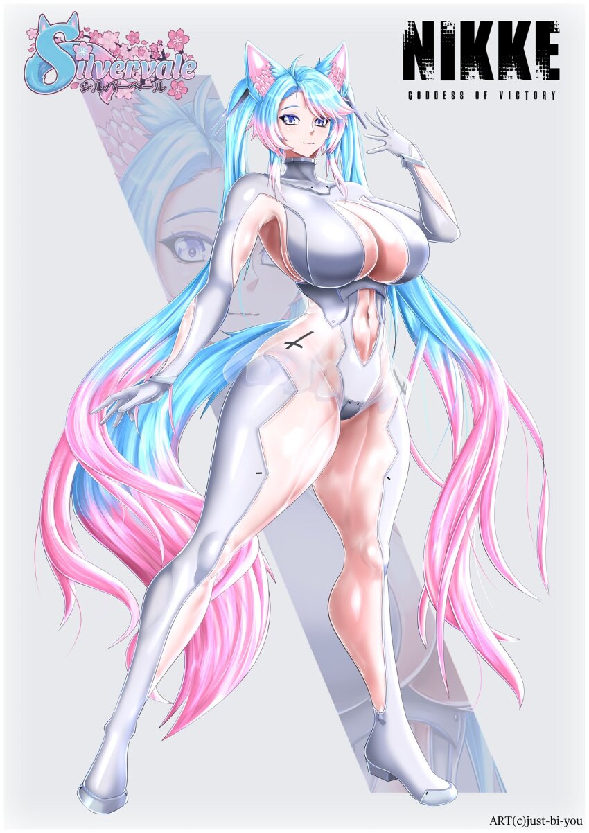 1girl animal_ear_fluff animal_ears blue_eyes blue_hair bodysuit breasts cinderella_(nikke) cinderella_(nikke)_(cosplay) cleavage clothing_cutout cosplay gloves goddess_of_victory:_nikke gradient_hair gradient_tail hair_between_eyes highres indie_virtual_youtuber just-bi-you large_breasts long_hair looking_at_viewer multicolored_hair multicolored_tail navel pink_hair pink_tail see-through_clothes sidelocks silvervale simple_background solo tail thighs twintails virtual_youtuber white_bodysuit wolf_ears wolf_girl wolf_tail