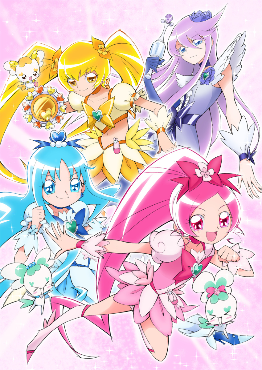 &gt;_&lt; 4girls :d aizawa_zawapo blonde_hair blue_boots blue_bow blue_choker blue_eyes blue_flower blue_gloves blue_hair blue_rose blue_wrist_cuffs blush boots bottle bow brooch chest_bow choker chypre_(heartcatch_precure!) clenched_hand closed_eyes coffret_(heartcatch_precure!) collarbone commentary creature crop_top cure_blossom cure_marine cure_moonlight cure_sunshine dress earrings elbow_gloves fairy flower flower_dress flower_earrings flower_skirt flower_tact full_body gloves hair_between_eyes hair_bow hair_flower hair_ornament hanasaki_tsubomi heart heart_brooch heartcatch_precure! high_ponytail highres holding holding_wand holding_weapon jewelry knee_boots kurumi_erika leg_up long_hair looking_at_viewer magical_girl midriff multicolored_boots multiple_girls myoudouin_itsuki navel official_style open_mouth outstretched_arm perfume_bottle pink_background pink_boots pink_bow pink_choker pink_dress pink_eyes pink_wrist_cuffs ponytail potpourri_(heartcatch_precure!) pouch precure puffy_short_sleeves puffy_sleeves purple_bow purple_choker purple_hair purple_trim purple_wrist_cuffs rose shiny_tambourine_(heartcatch_precure!) short_dress short_sleeves single_elbow_glove skirt smile sparkle sparkle_background thighhighs tsukikage_yuri twintails two-tone_boots two-tone_dress umakoshi_yoshihiko_(style) very_long_hair waist_bow wand weapon white_boots white_dress white_thighhighs wrist_cuffs yellow_bow yellow_choker yellow_skirt yellow_wrist_cuffs