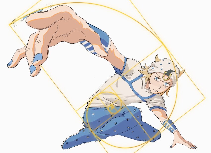 1boy beanie blonde_hair blue_eyes blue_nails blue_pants commentary commentary_request dgae_715 full_body golden_spiral hat highres hood hoodie horseshoe_hat_ornament horseshoe_ornament johnny_joestar jojo_no_kimyou_na_bouken male_focus pants short_sleeves solo star_(symbol) star_print steel_ball_run tears two-tone_wristband white_background white_hat white_hoodie