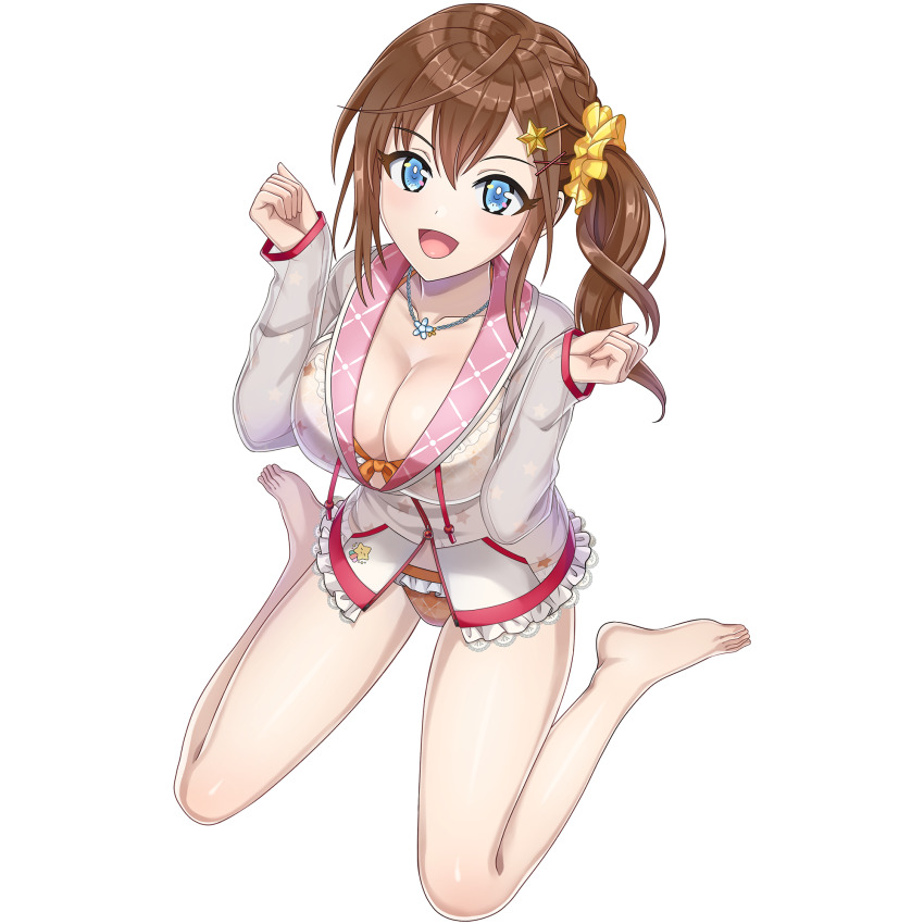 1girl arms_up barefoot bikini blue_eyes breasts cleavage cosplay dead_or_alive dead_or_alive_xtreme dead_or_alive_xtreme_venus_vacation dolphin_wave frilled_bikini frills game_cg hair_ornament hair_scrunchie hairclip highres hood hoodie jewelry kukuri_tomo large_breasts long_hair looking_at_viewer misaki_(doa) misaki_(doa)_(cosplay) necklace non-web_source official_alternate_costume official_alternate_hairstyle official_art ootomo_takuji open_mouth scrunchie see-through_hoodie side_ponytail sitting smile solo star_(symbol) star_hair_ornament swimsuit transparent_background wariza yellow_scrunchie