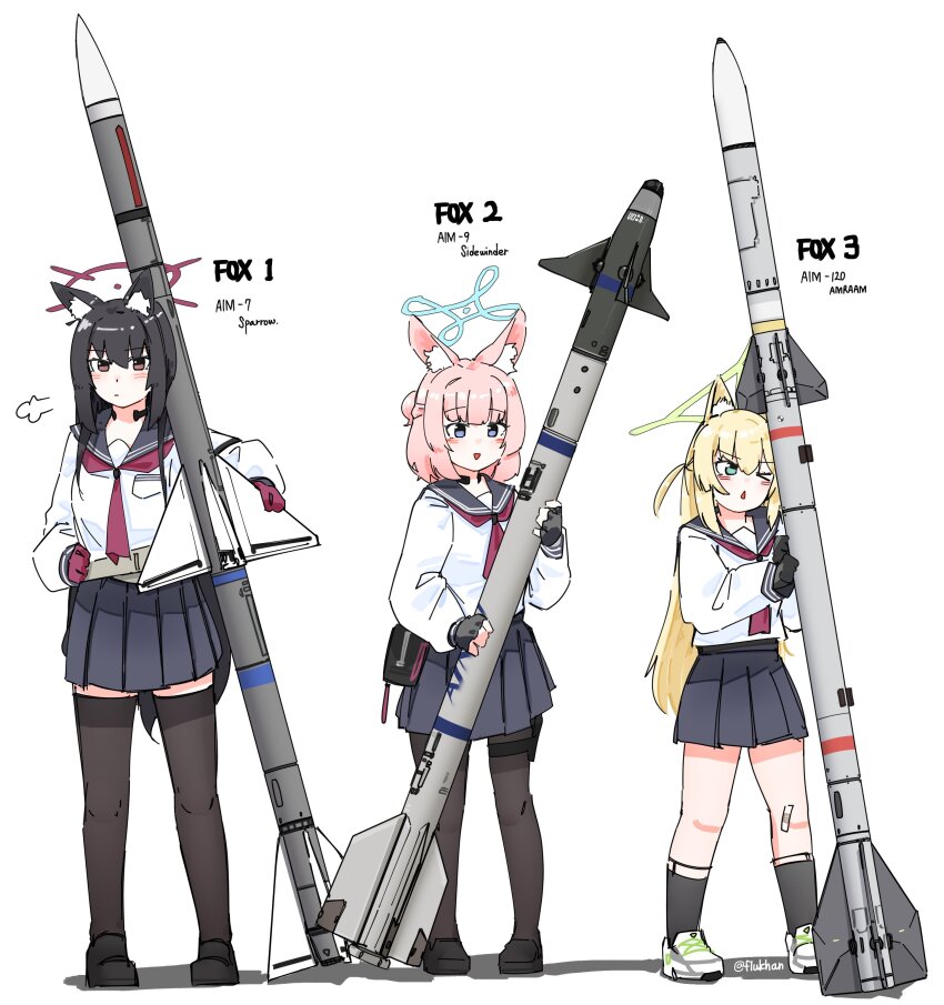 3girls absurdres aim-120_amraam aim-7_sparrow aim-9_sidewinder air-to-air_missile animal_ear_fluff animal_ears bandaid bandaid_on_leg black_hair blonde_hair blue_archive blue_eyes blue_halo blush closed_mouth commentary_request flukhan fox_ears full_body gloves green_eyes green_halo hair_between_eyes halo highres korean_commentary kurumi_(blue_archive) long_hair long_sleeves looking_at_viewer medium_hair missile multiple_girls neckerchief niko_(blue_archive) open_mouth pink_hair raytheon_technologies red_eyes red_gloves red_halo red_neckerchief sailor_collar school_uniform serafuku simple_background skirt standing thighhighs throat_microphone twitter_username white_background yukino_(blue_archive)